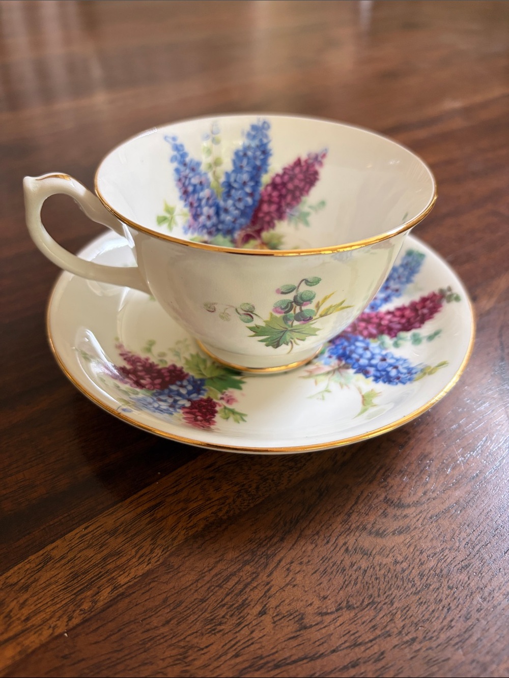 Fine Bone China Teacup and Saucer Set - White with Blue & Purple Floral